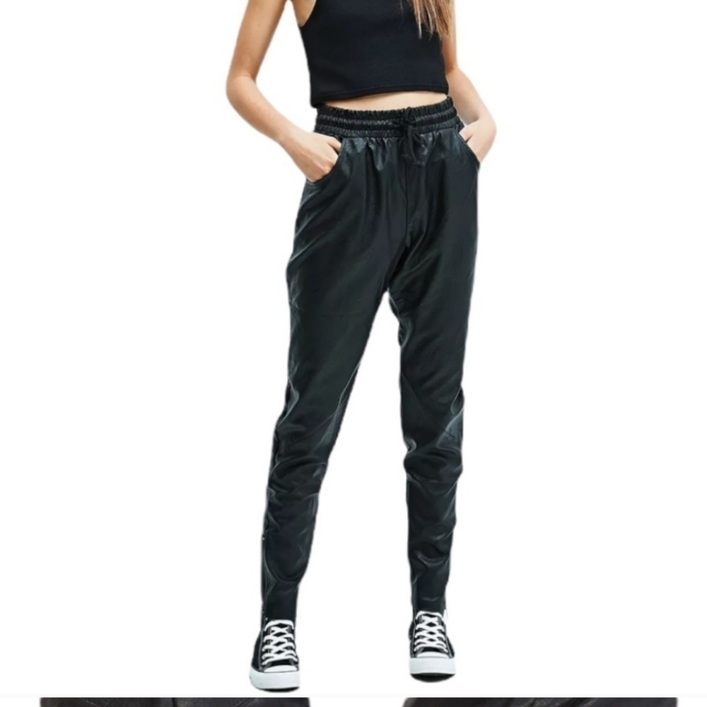 MinkPink Outbound Faux Leather Jogger Pants in black size M